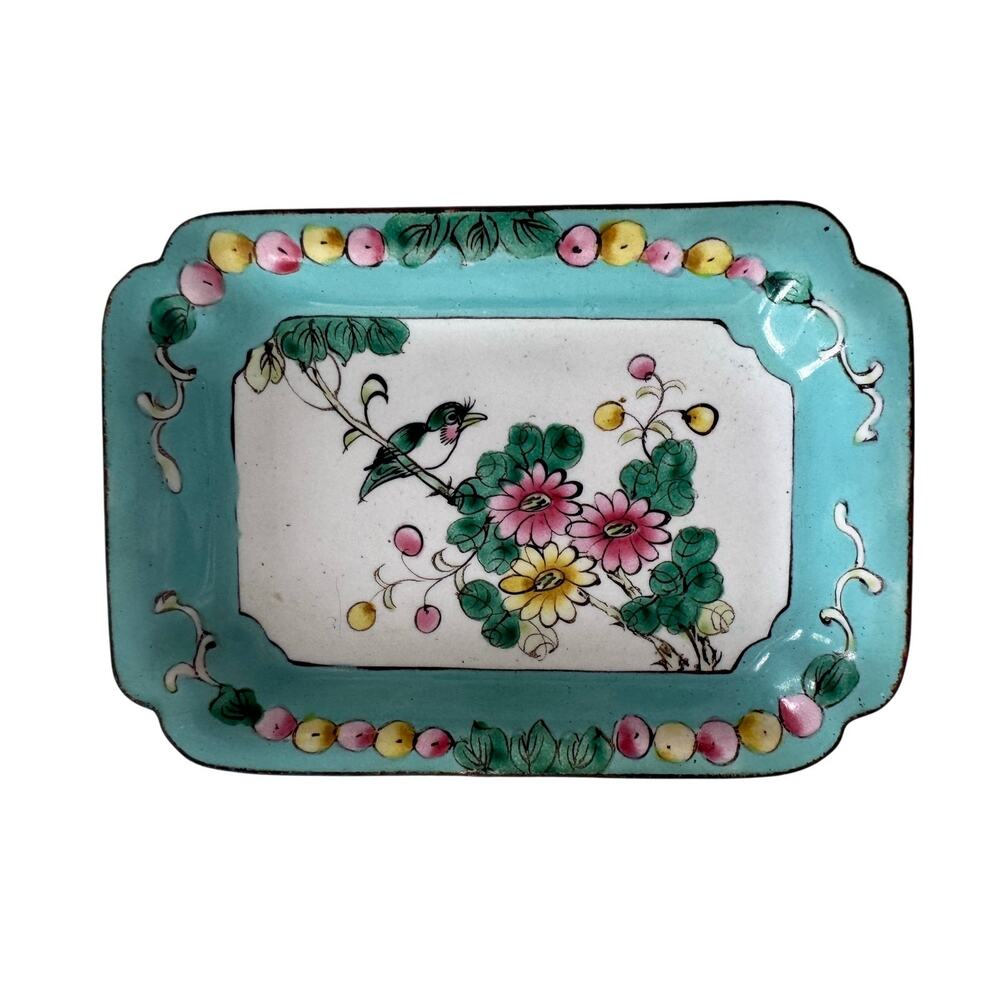 Vintage Chinese Canton Hand Painted Enamel Tray Bird & Floral Design
